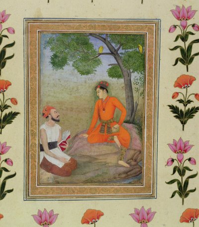 Een prins in gesprek met een religieus man met een boek, uit het Kleine Clive Album door Mughal School